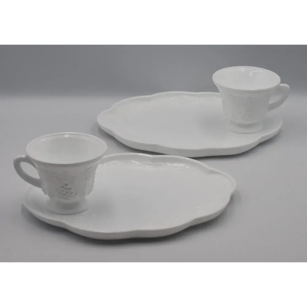 Indiana Colony White Harvest Milk Glass Grape Luncheon Snack Tray & Cup 4pc Set